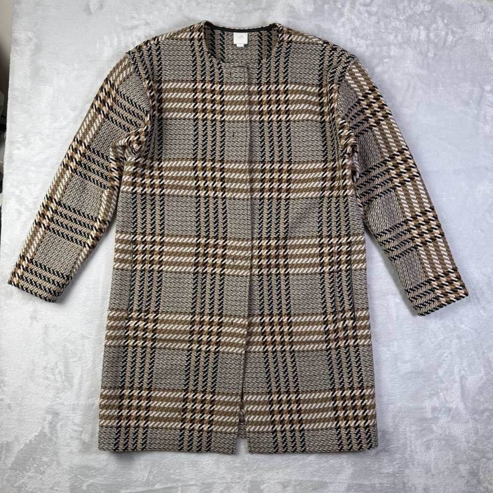 J Jill Topper Coat Sweater Size Small Wool Blend‎ Plaid Black Brown Snap Front